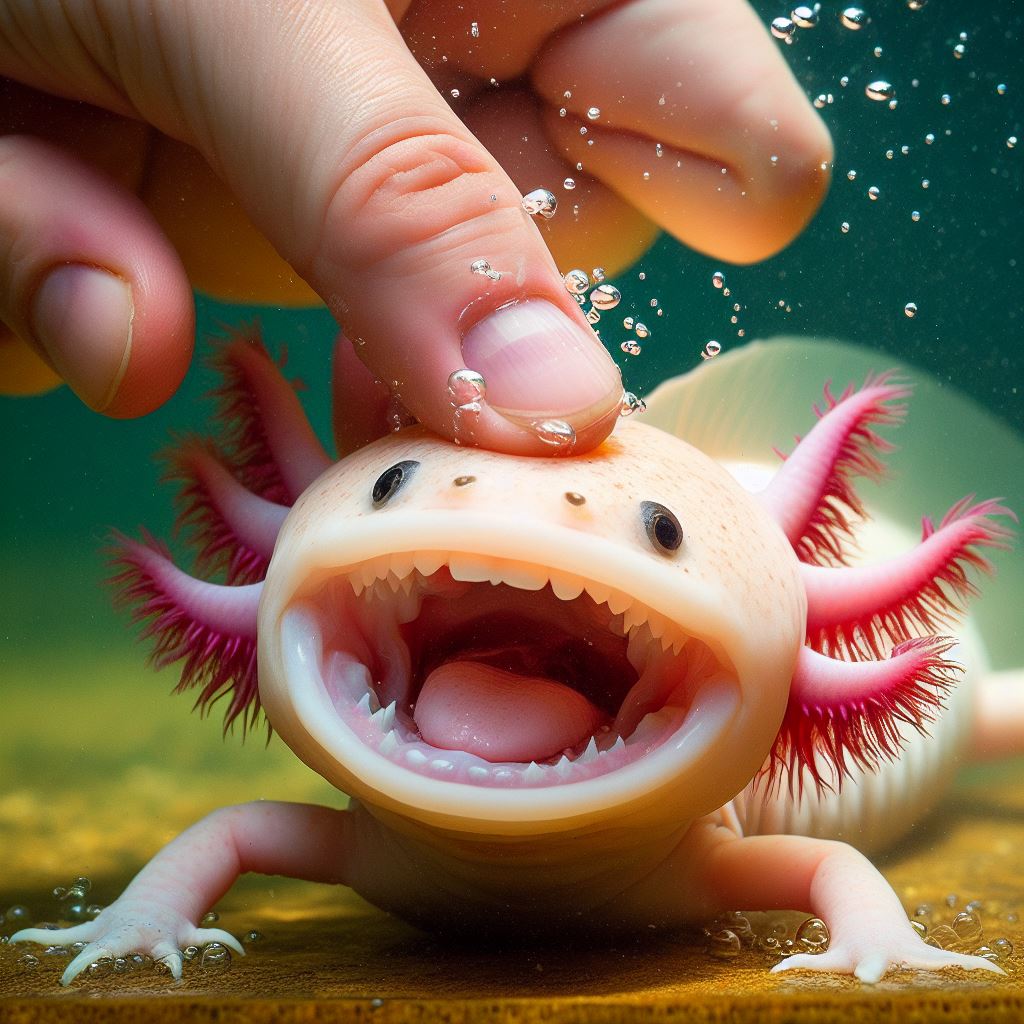 Angry axolotl wants to bit the finger