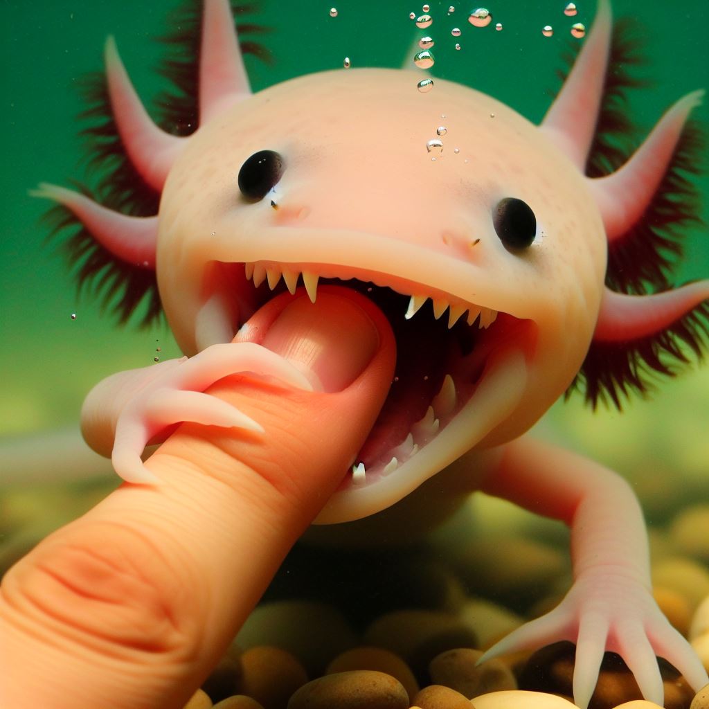 Axolotl biting finger