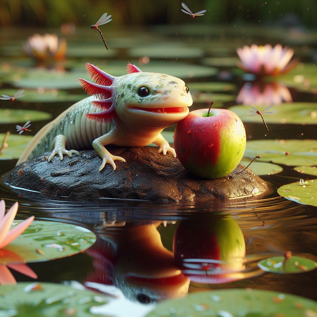 Axolotl eating apple