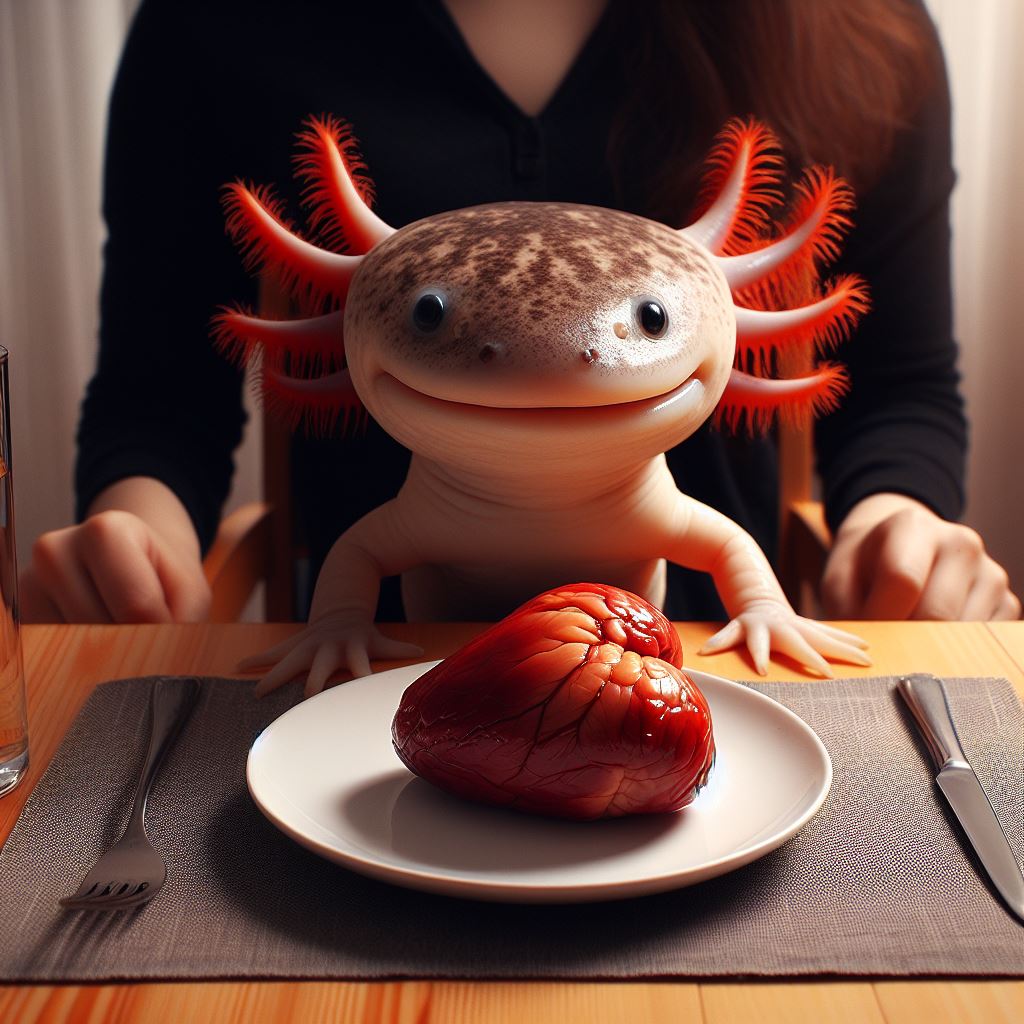 axolotl eating beef heart