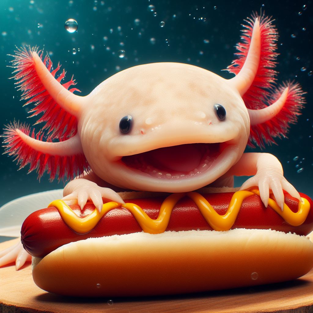 Axolotl eating hot dogs