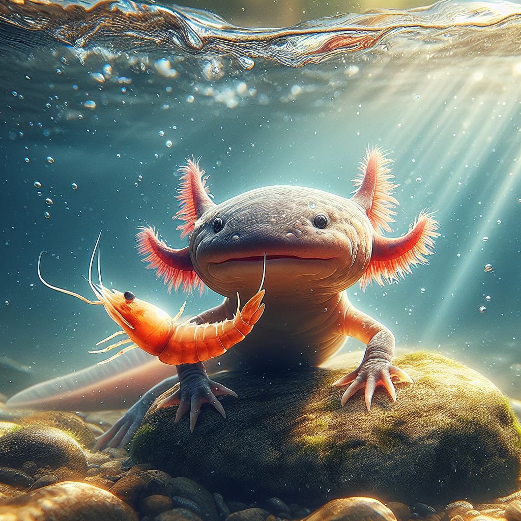 Axolotl eating shrimp