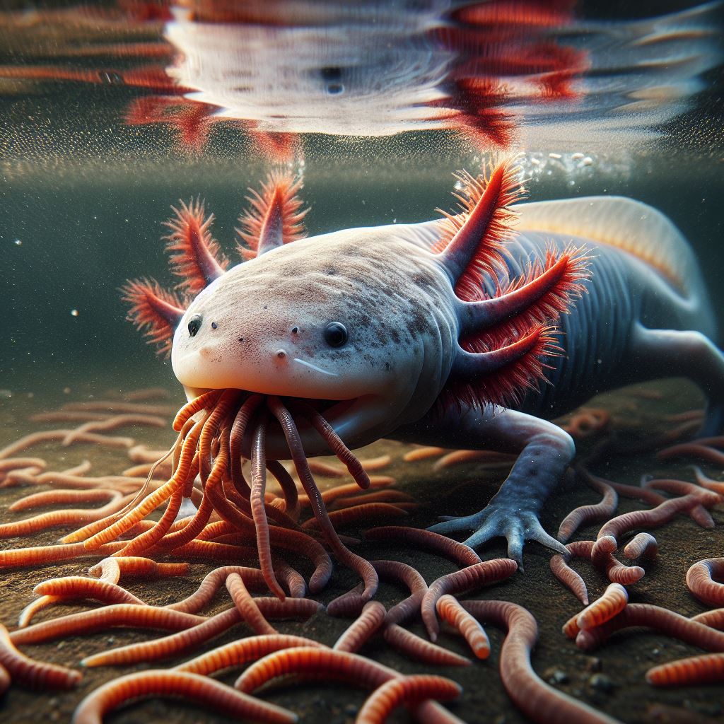 Axolotl eating dead worms