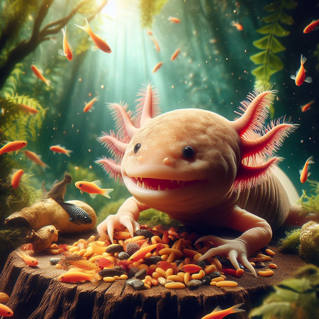 Axolotl eating fish food