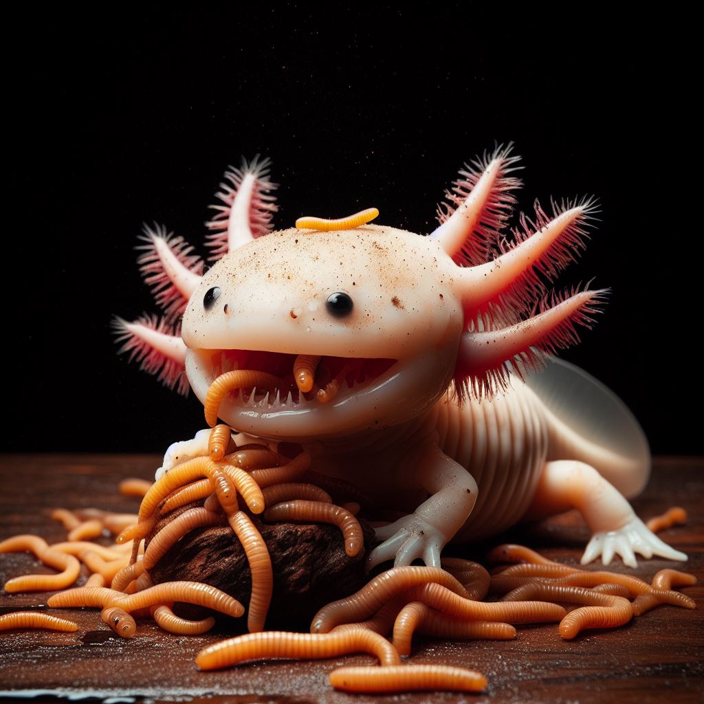 axolotl eating morio worms