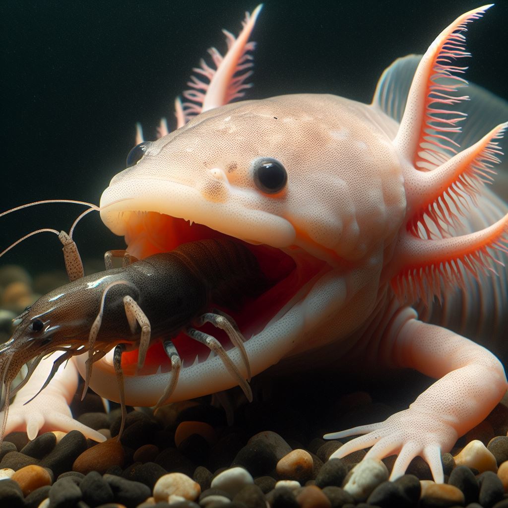 Axolotl eating ghost shrimp