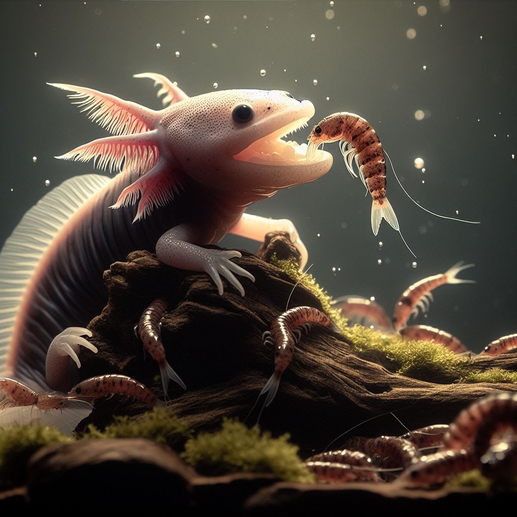 Axolotl eating brine shrimp