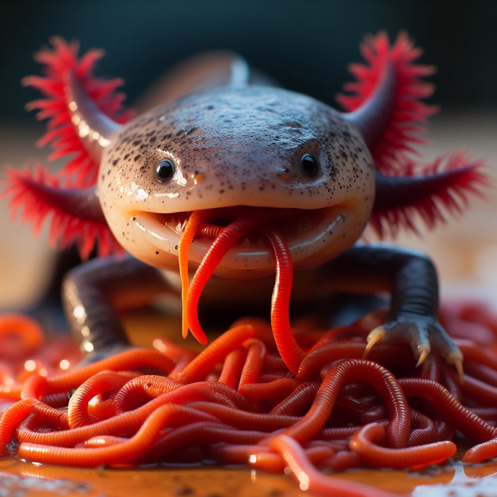 Axolotl eating red worms