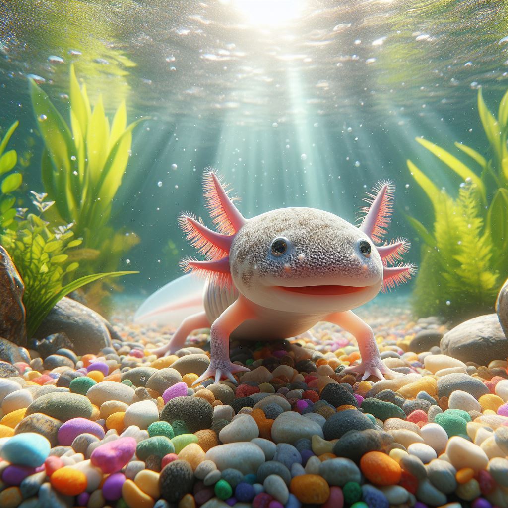 Axolotl on gravel in tank