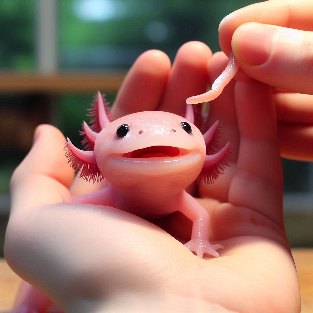 hand feeding an axolotl